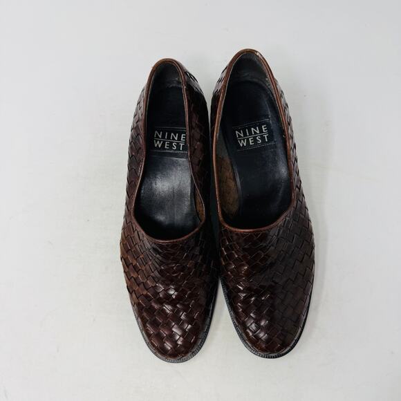 Vintage Nine West 6.5M Brown Woven Leather Loafers Block Heel Slip On Classic - Picture 5 of 12